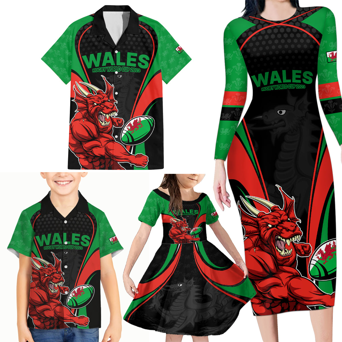 Wales Rugby Family Matching Long Sleeve Bodycon Dress and Hawaiian Shirt World Cup 2023 Dragon Mascot Come On Cymru LT9 - Wonder Print Shop