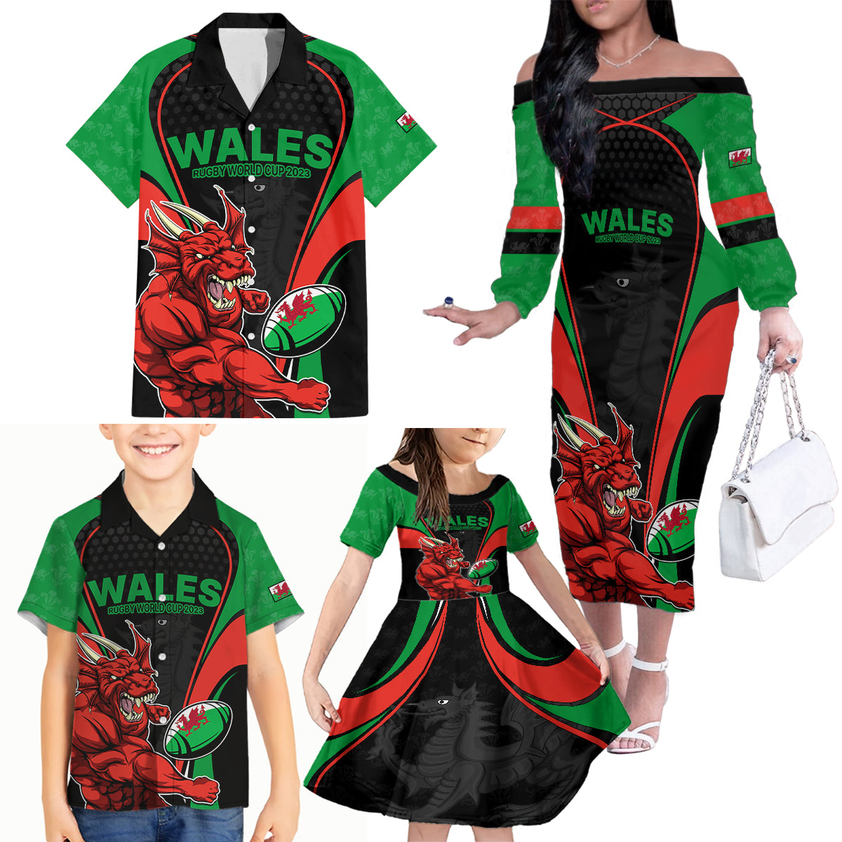 Wales Rugby Family Matching Off Shoulder Long Sleeve Dress and Hawaiian Shirt World Cup 2023 Dragon Mascot Come On Cymru - Wonder Print Shop