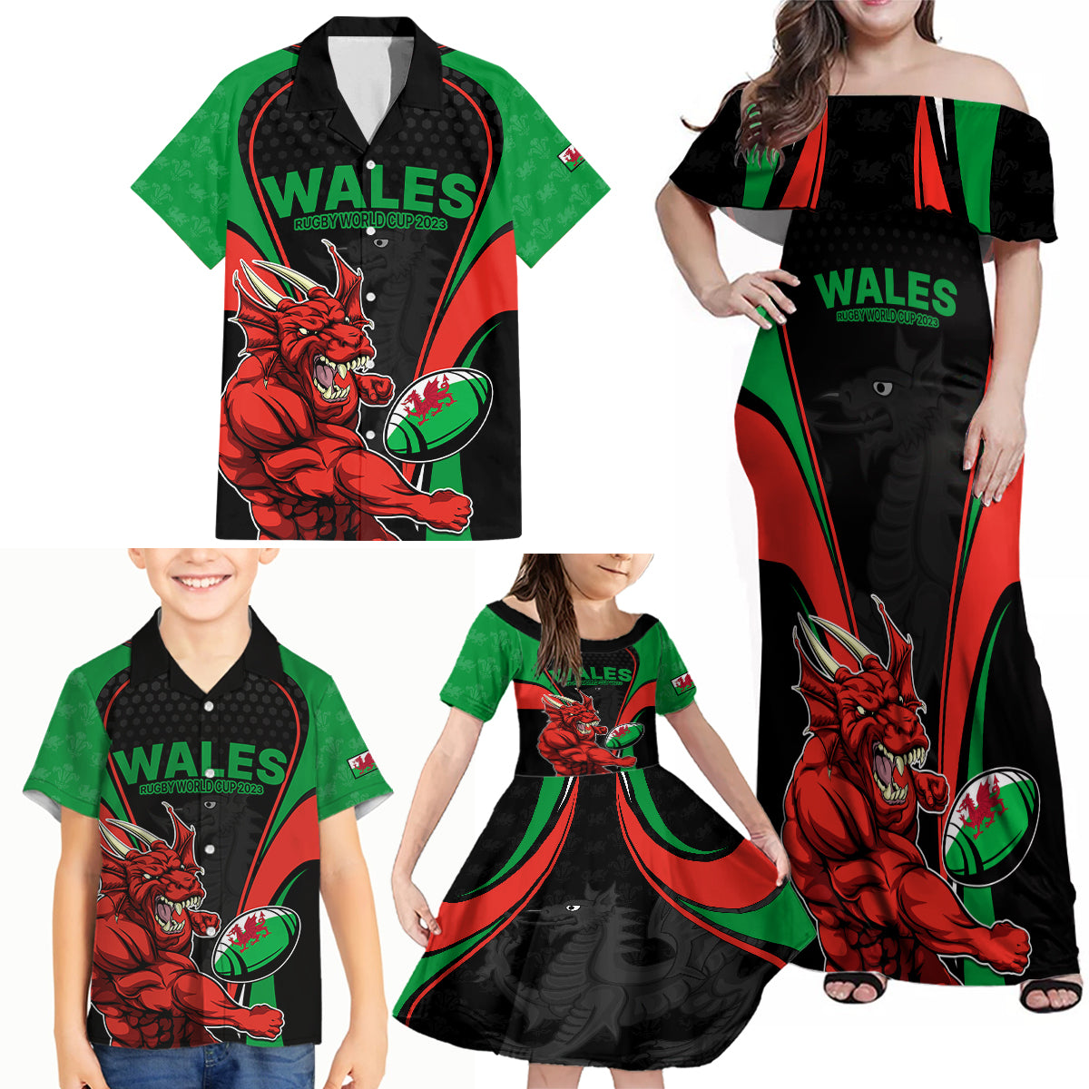 Wales Rugby Family Matching Off Shoulder Maxi Dress and Hawaiian Shirt World Cup 2023 Dragon Mascot Come On Cymru LT9 - Wonder Print Shop