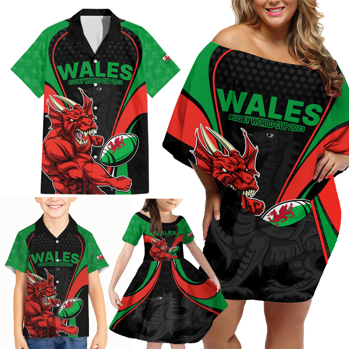 Wales Rugby Family Matching Off Shoulder Short Dress and Hawaiian Shirt World Cup 2023 Dragon Mascot Come On Cymru LT9 - Wonder Print Shop