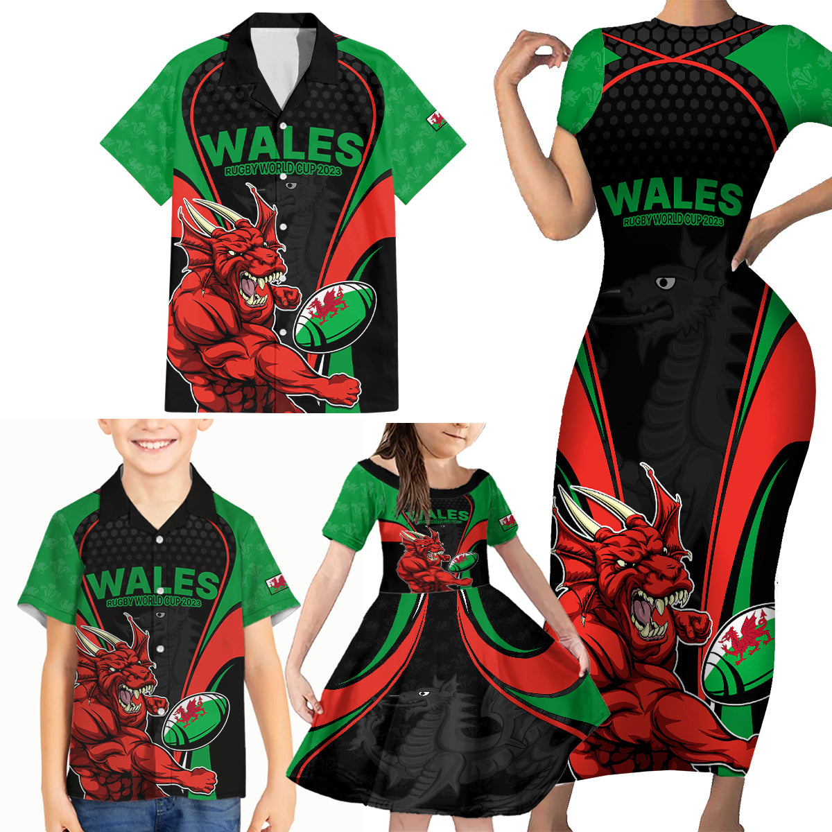 Wales Rugby Family Matching Short Sleeve Bodycon Dress and Hawaiian Shirt World Cup 2023 Dragon Mascot Come On Cymru - Wonder Print Shop