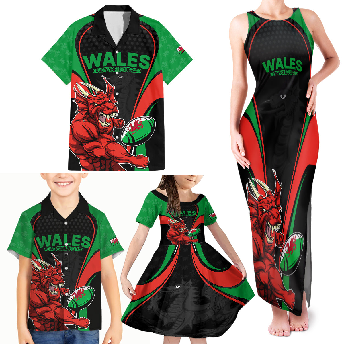 Wales Rugby Family Matching Tank Maxi Dress and Hawaiian Shirt World Cup 2023 Dragon Mascot Come On Cymru - Wonder Print Shop