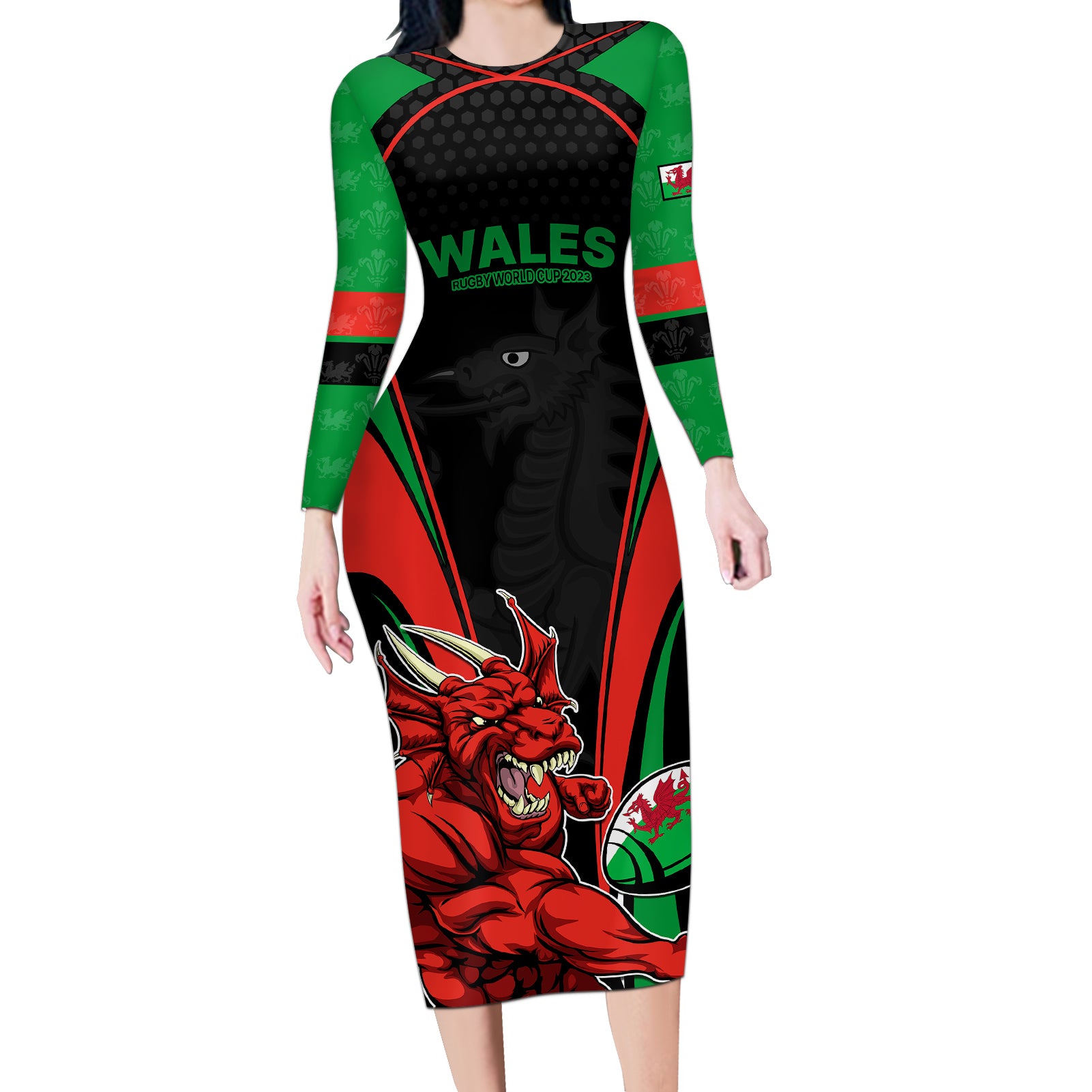 Wales Rugby Long Sleeve Bodycon Dress World Cup 2023 Dragon Mascot Come On Cymru - Wonder Print Shop