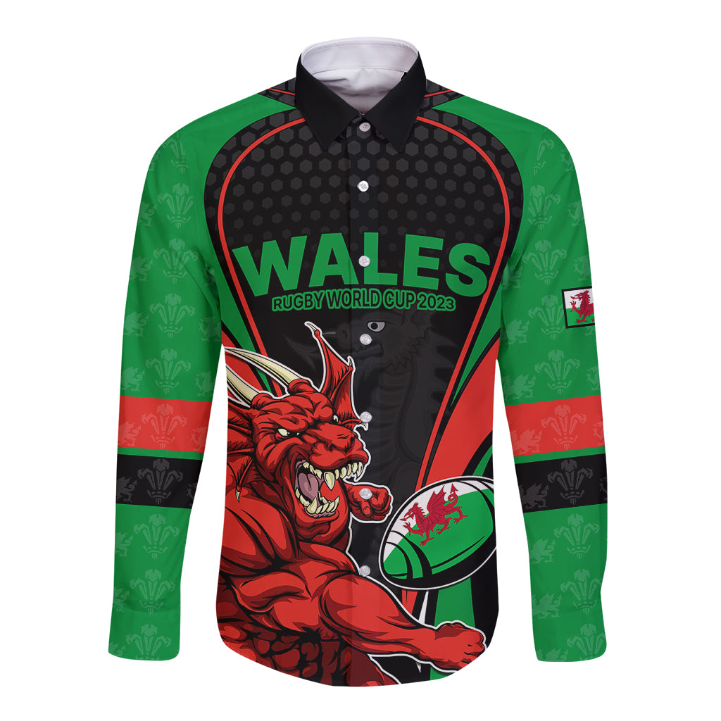 Wales Rugby Long Sleeve Button Shirt World Cup 2023 Dragon Mascot Come On Cymru - Wonder Print Shop