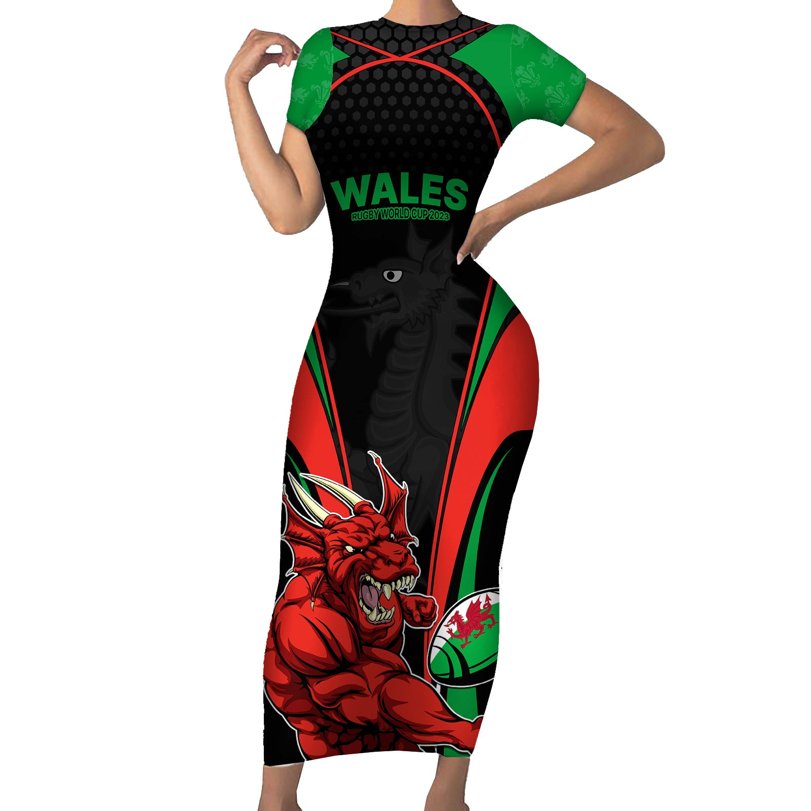 wales-rugby-short-sleeve-bodycon-dress-world-cup-2023-dragon-mascot-come-on-cymru