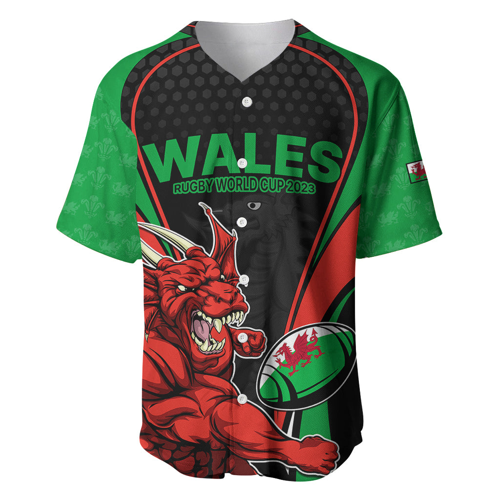 Wales rugby baseball jersey with green sleeves, black body, red dragon graphic