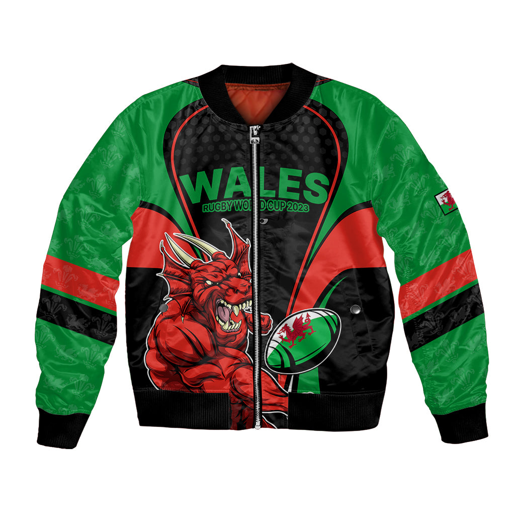 Unisex black and green rugby bomber jacket with dragon mascot and Wales emblem