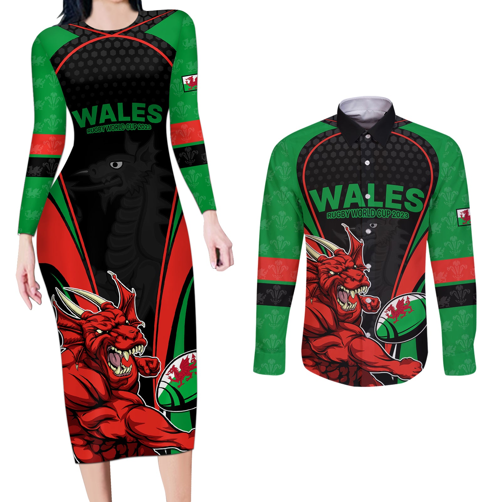 Custom Wales Rugby Couples Matching Long Sleeve Bodycon Dress and Long Sleeve Button Shirts World Cup 2023 Dragon Mascot Come On Cymru LT9 - Wonder Print Shop