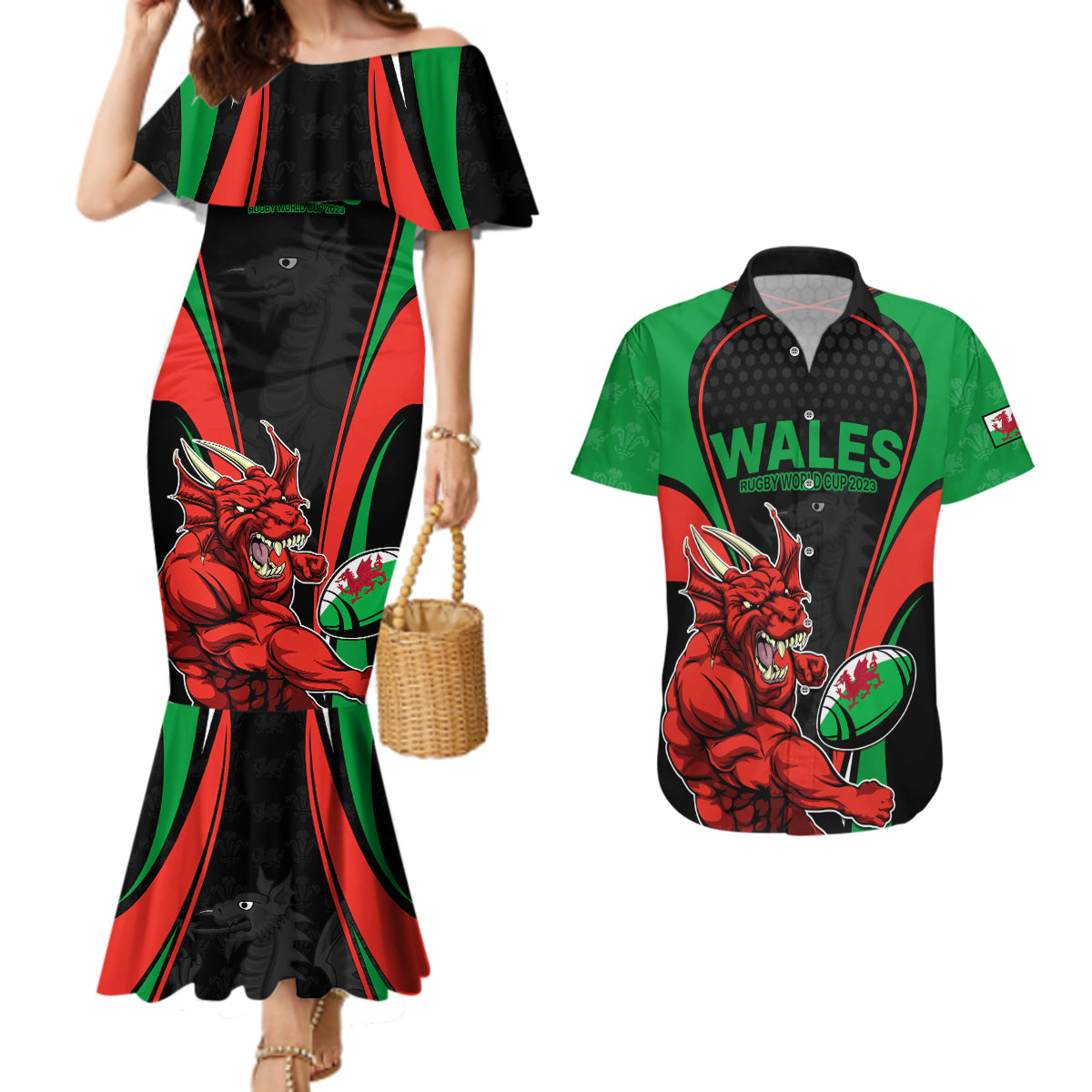 Custom Wales Rugby Couples Matching Mermaid Dress and Hawaiian Shirt World Cup 2023 Dragon Mascot Come On Cymru LT9 - Wonder Print Shop