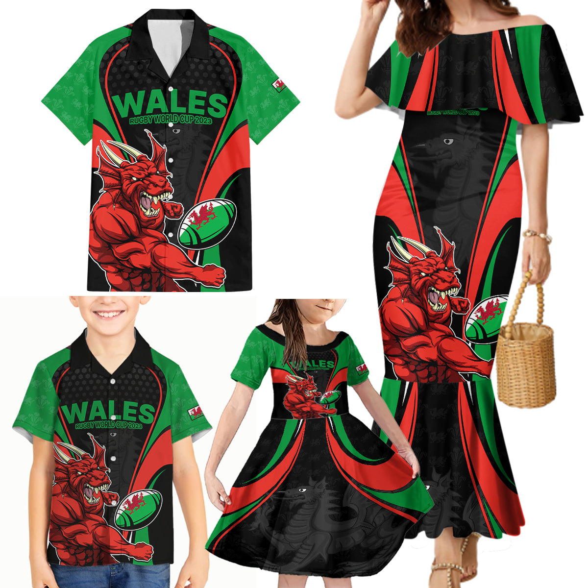 Custom Wales Rugby Family Matching Mermaid Dress and Hawaiian Shirt World Cup 2023 Dragon Mascot Come On Cymru LT9 - Wonder Print Shop