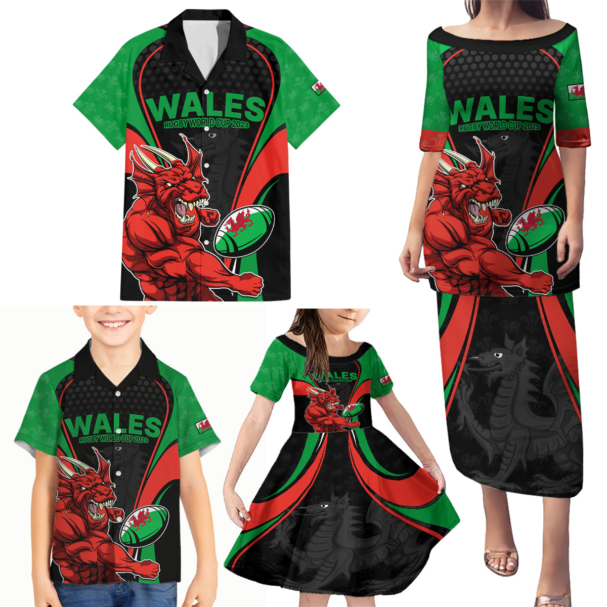 Custom Wales Rugby Family Matching Puletasi Dress and Hawaiian Shirt World Cup 2023 Dragon Mascot Come On Cymru - Wonder Print Shop