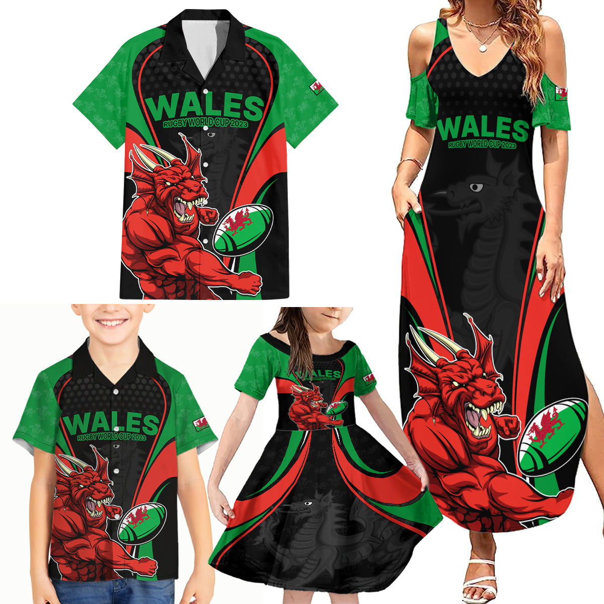 Custom Wales Rugby Family Matching Summer Maxi Dress and Hawaiian Shirt World Cup 2023 Dragon Mascot Come On Cymru - Wonder Print Shop