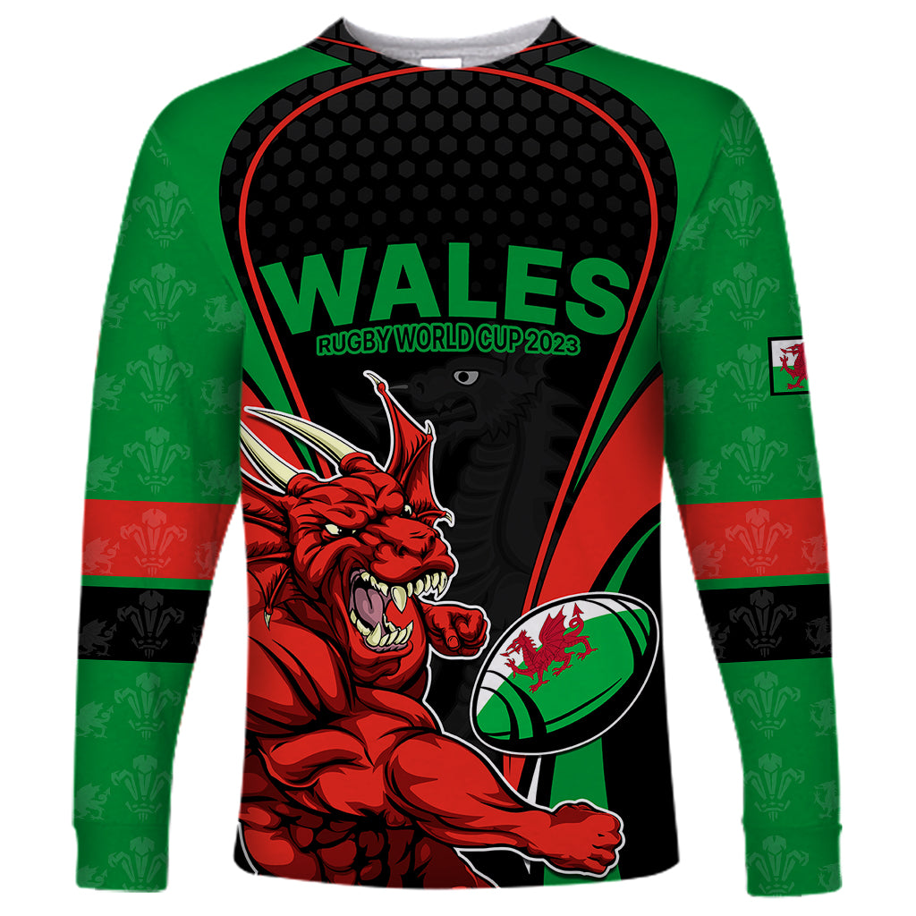 Long-sleeve rugby shirt with Wales graphic, red dragon mascot, green trim on black