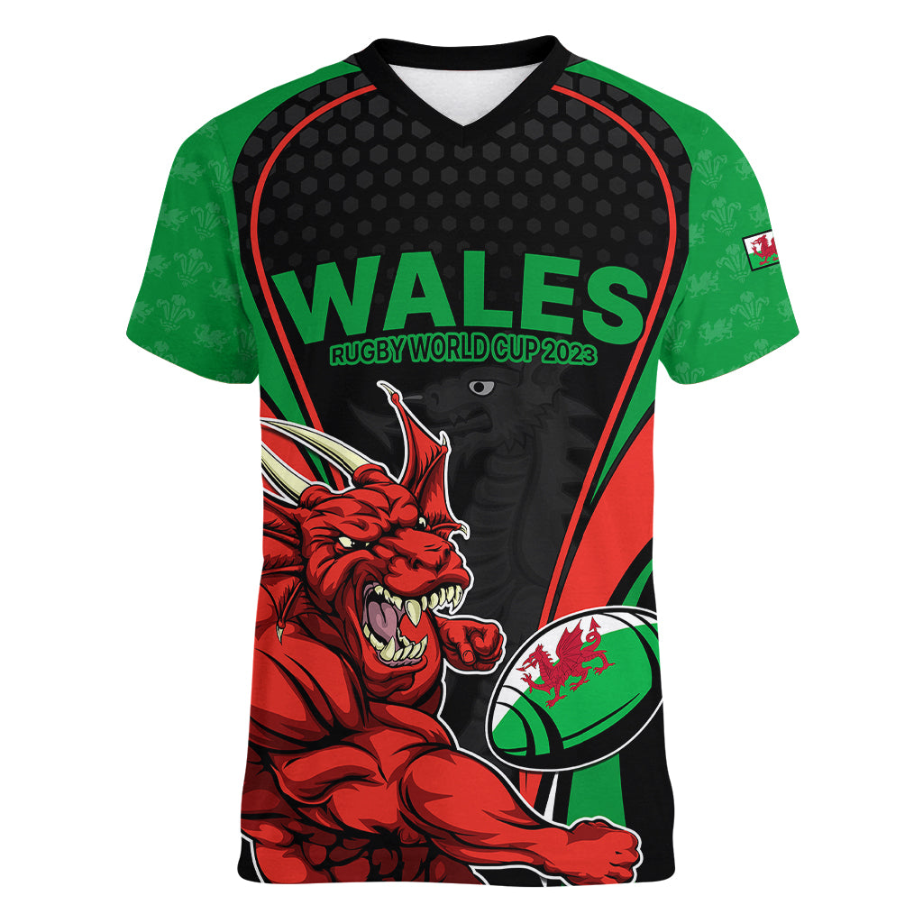 custom-wales-rugby-women-v-neck-t-shirt-world-cup-2023-dragon-mascot-come-on-cymru