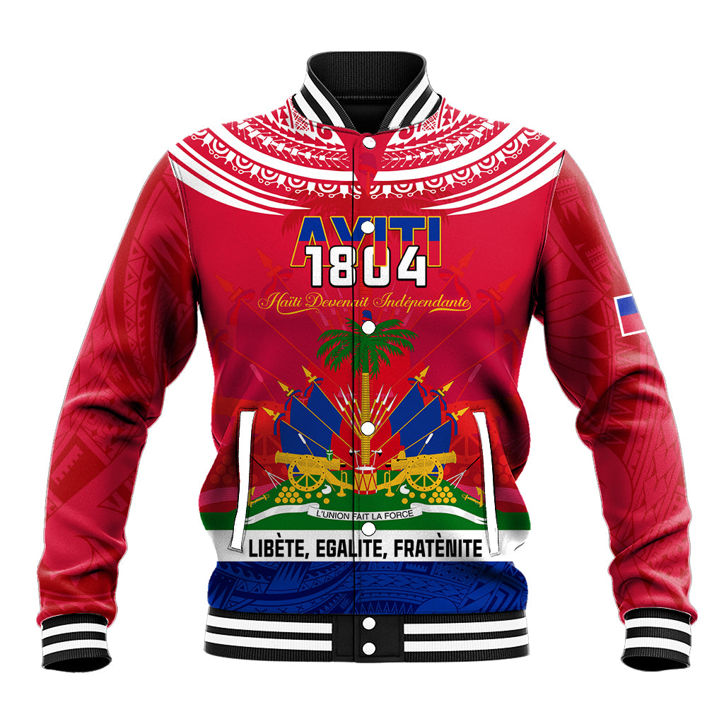 Red unisex baseball jacket with black ribbed collar and colorful 1804 graphic front