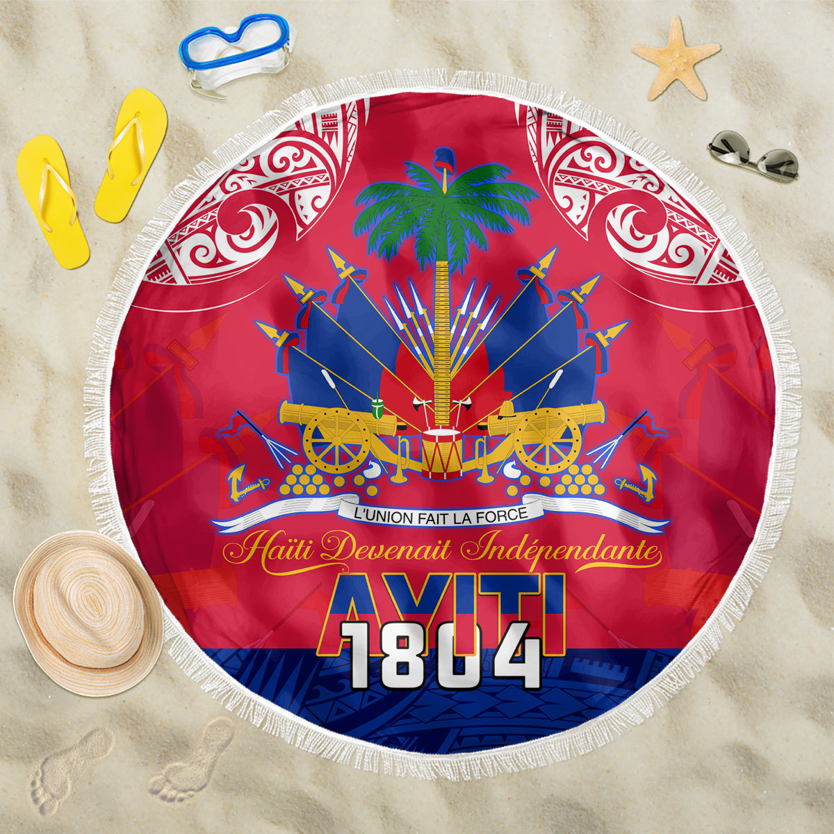 Round red and blue Haiti Independence Day beach blanket with 1804 emblem, fringe edge