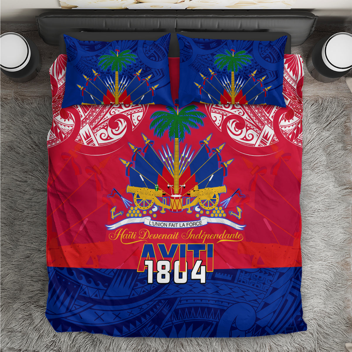 Red and blue Haiti 1804 bedding set with palm and fireworks motif, two matching pillows