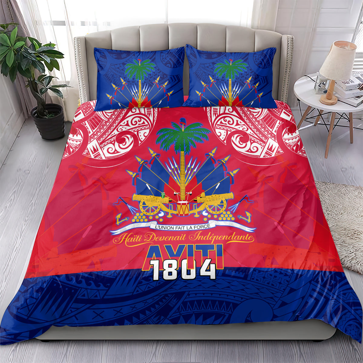 Red and blue Haiti 1804 bedding set with palm tree and fireworks motif, pillow pair