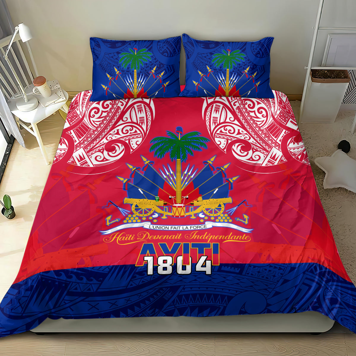 Red and blue Haiti 1804 bedding set with palm crest design and two blue pillow covers