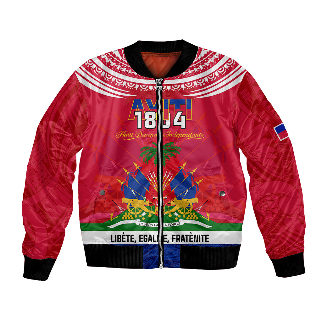 Red bomber jacket, front zip; 1804 Haitian crest with tribal pattern sleeves.