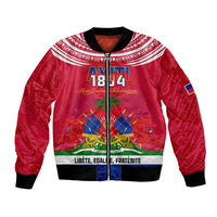 Red bomber jacket, front zip; 1804 Haitian crest with tribal pattern sleeves.