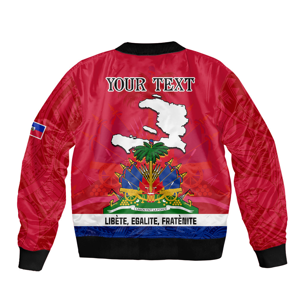 Red bomber jacket back with 'YOUR TEXT', Haiti emblem and 'Libete Egalite Fraternite' band.
