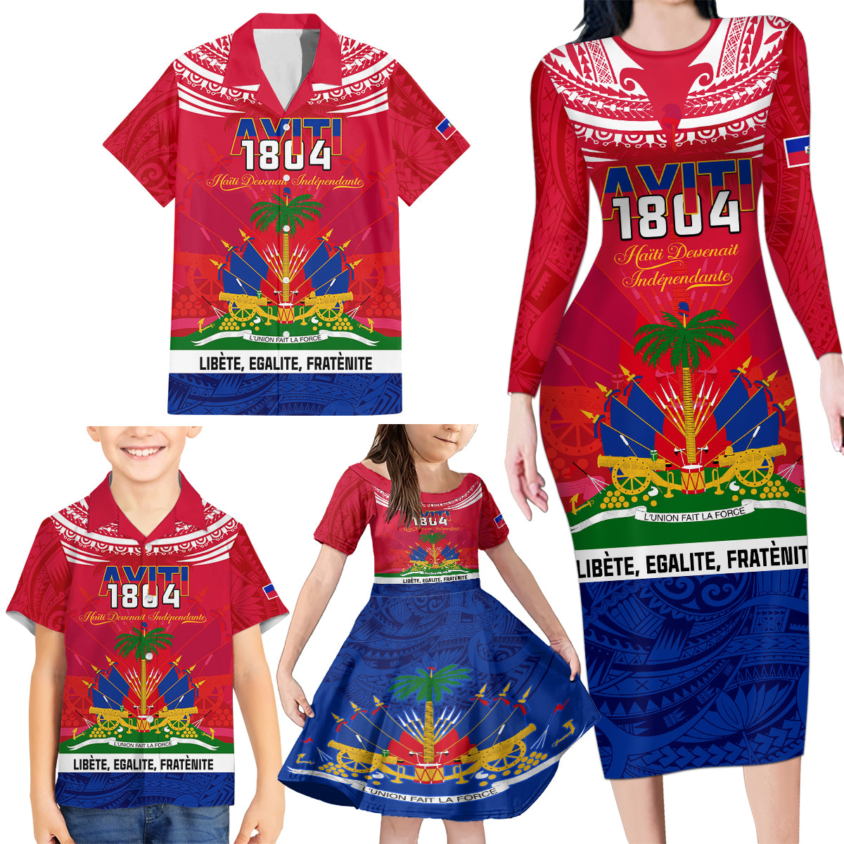 Haiti Independence Day Family Matching Long Sleeve Bodycon Dress and Hawaiian Shirt Libete Egalite Fratenite Ayiti 1804 With Polynesian Pattern LT9 - Wonder Print Shop