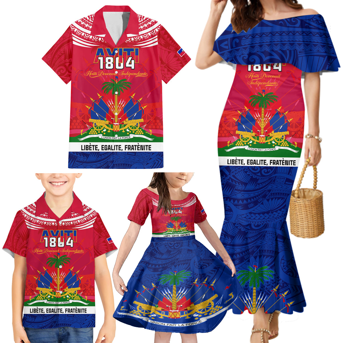 Haiti Independence Day Family Matching Mermaid Dress and Hawaiian Shirt Libete Egalite Fratenite Ayiti 1804 With Polynesian Pattern LT9 - Wonder Print Shop