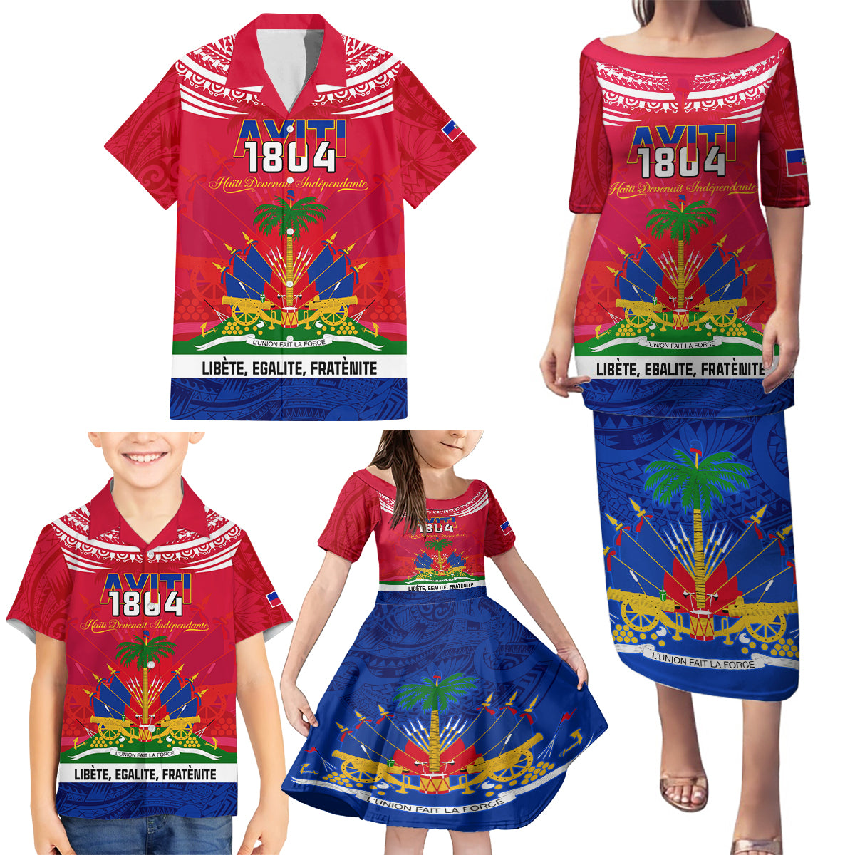 Haiti Independence Day Family Matching Puletasi Dress and Hawaiian Shirt Libete Egalite Fratenite Ayiti 1804 With Polynesian Pattern - Wonder Print Shop