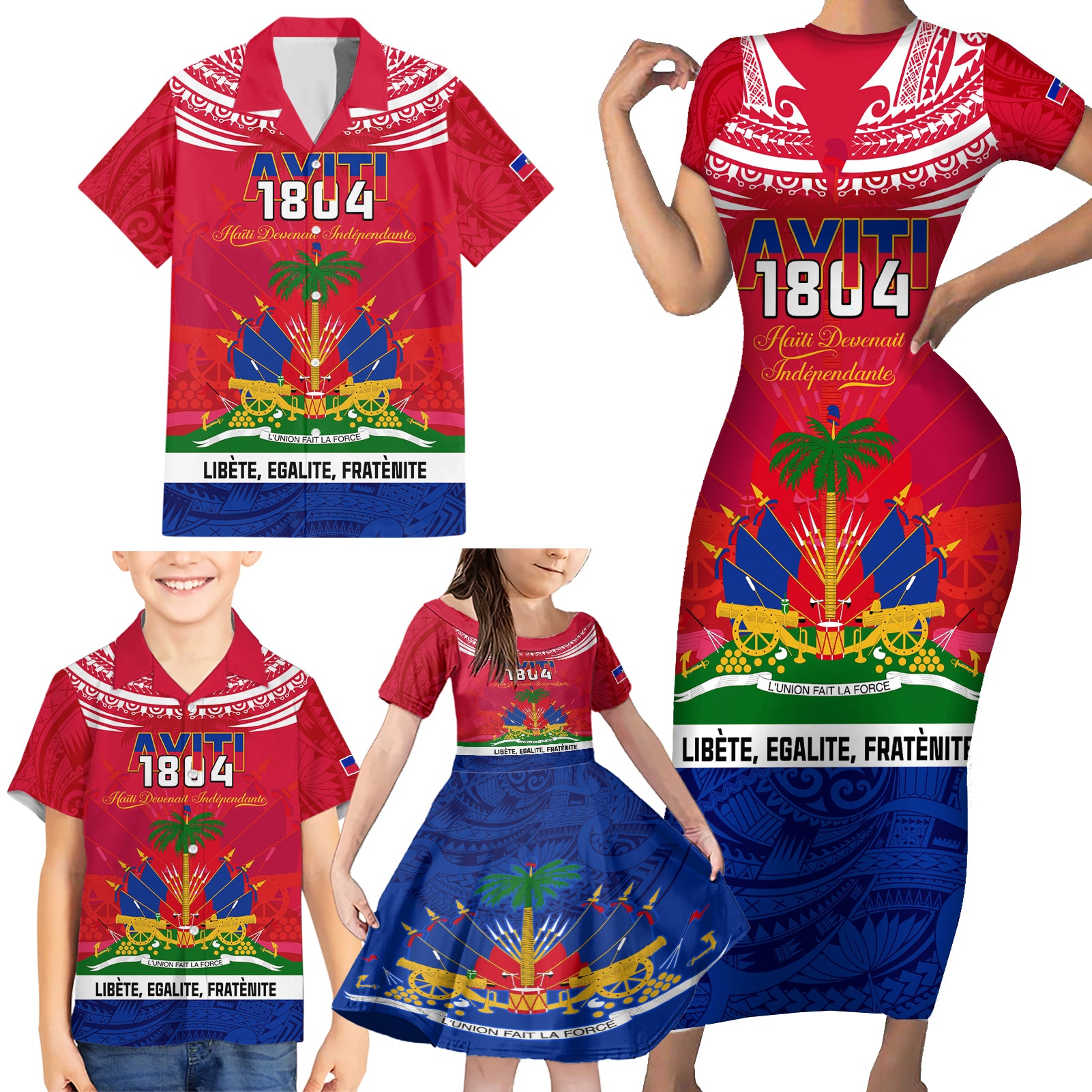 Haiti Independence Day Family Matching Short Sleeve Bodycon Dress and Hawaiian Shirt Libete Egalite Fratenite Ayiti 1804 With Polynesian Pattern - Wonder Print Shop