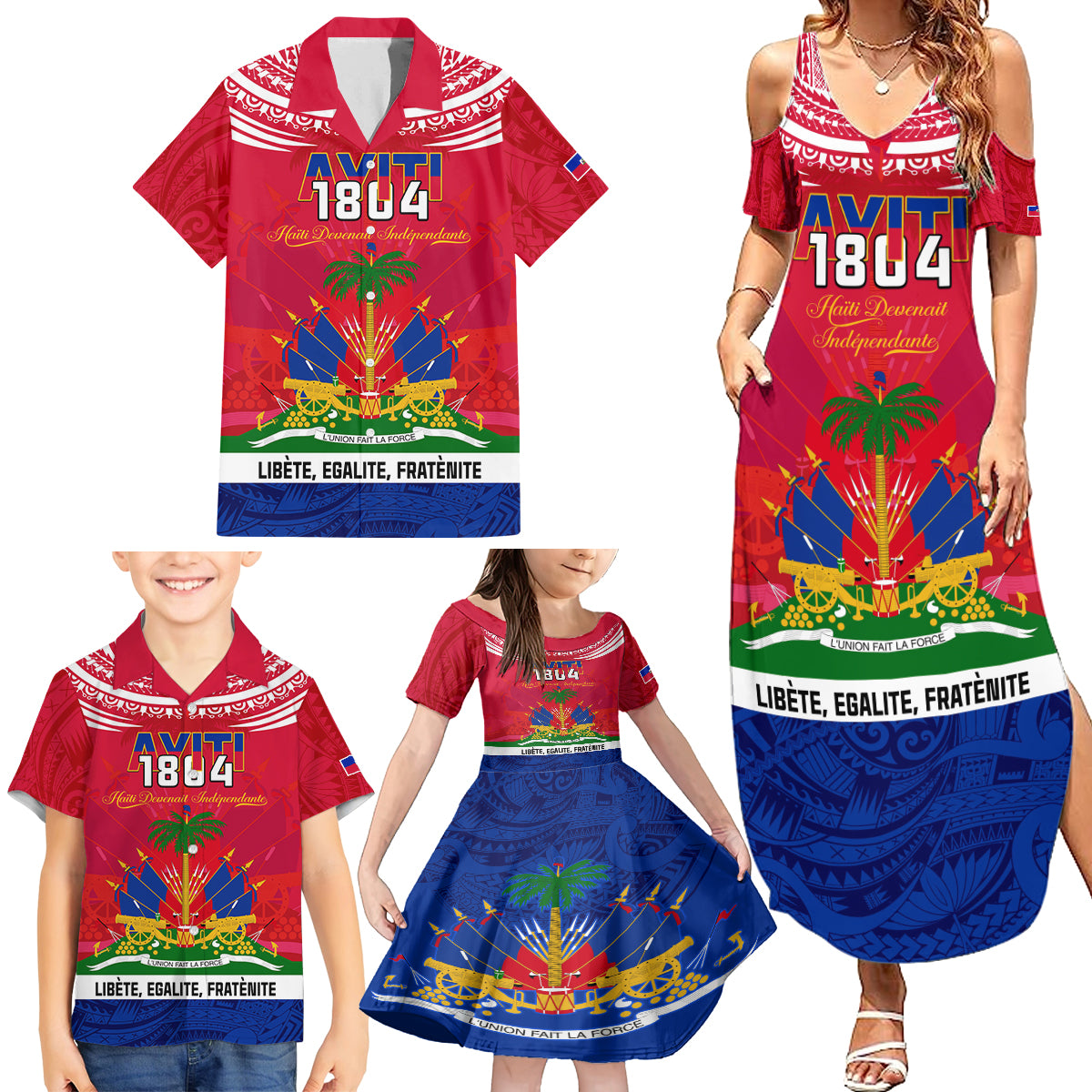 Haiti Independence Day Family Matching Summer Maxi Dress and Hawaiian Shirt Libete Egalite Fratenite Ayiti 1804 With Polynesian Pattern - Wonder Print Shop