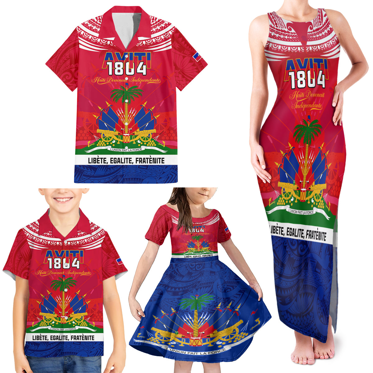 Haiti Independence Day Family Matching Tank Maxi Dress and Hawaiian Shirt Libete Egalite Fratenite Ayiti 1804 With Polynesian Pattern - Wonder Print Shop