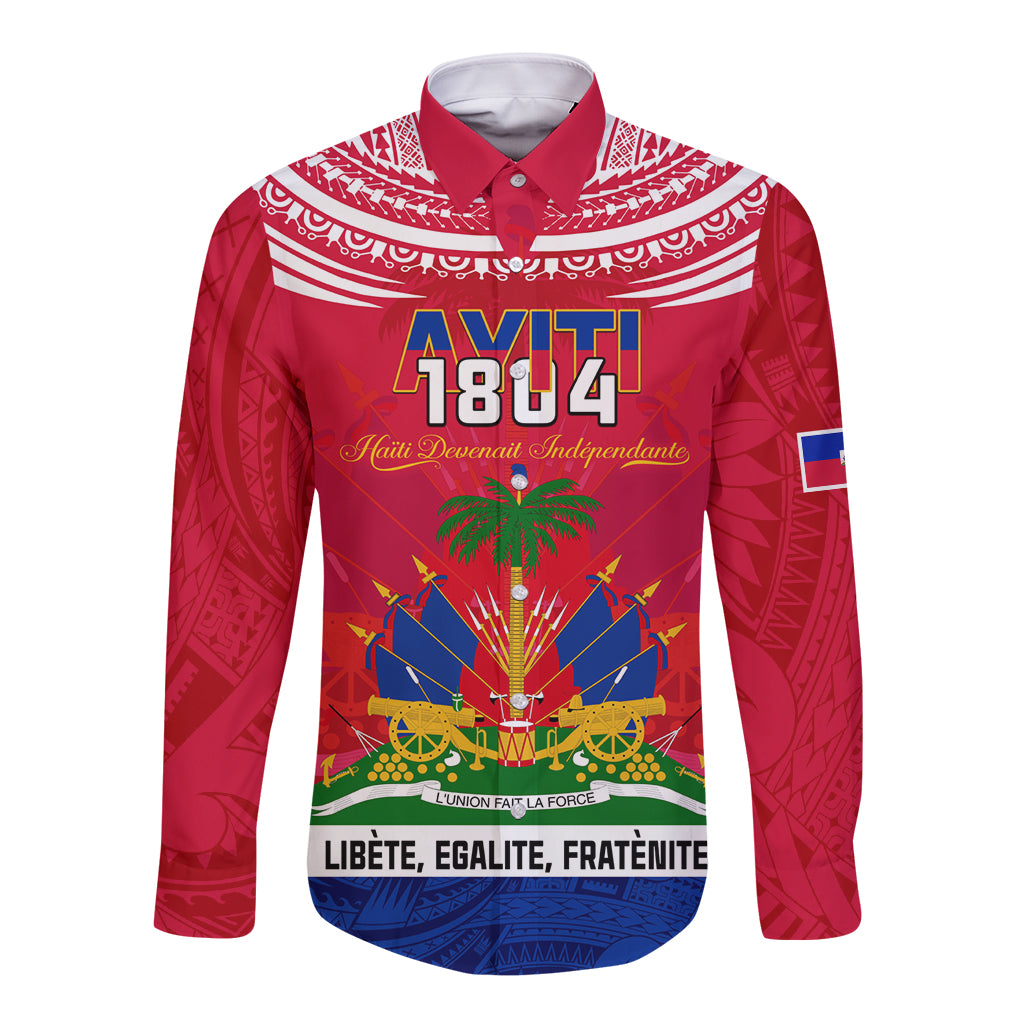 Red long-sleeve button shirt with front patriotic graphic and 1804 text