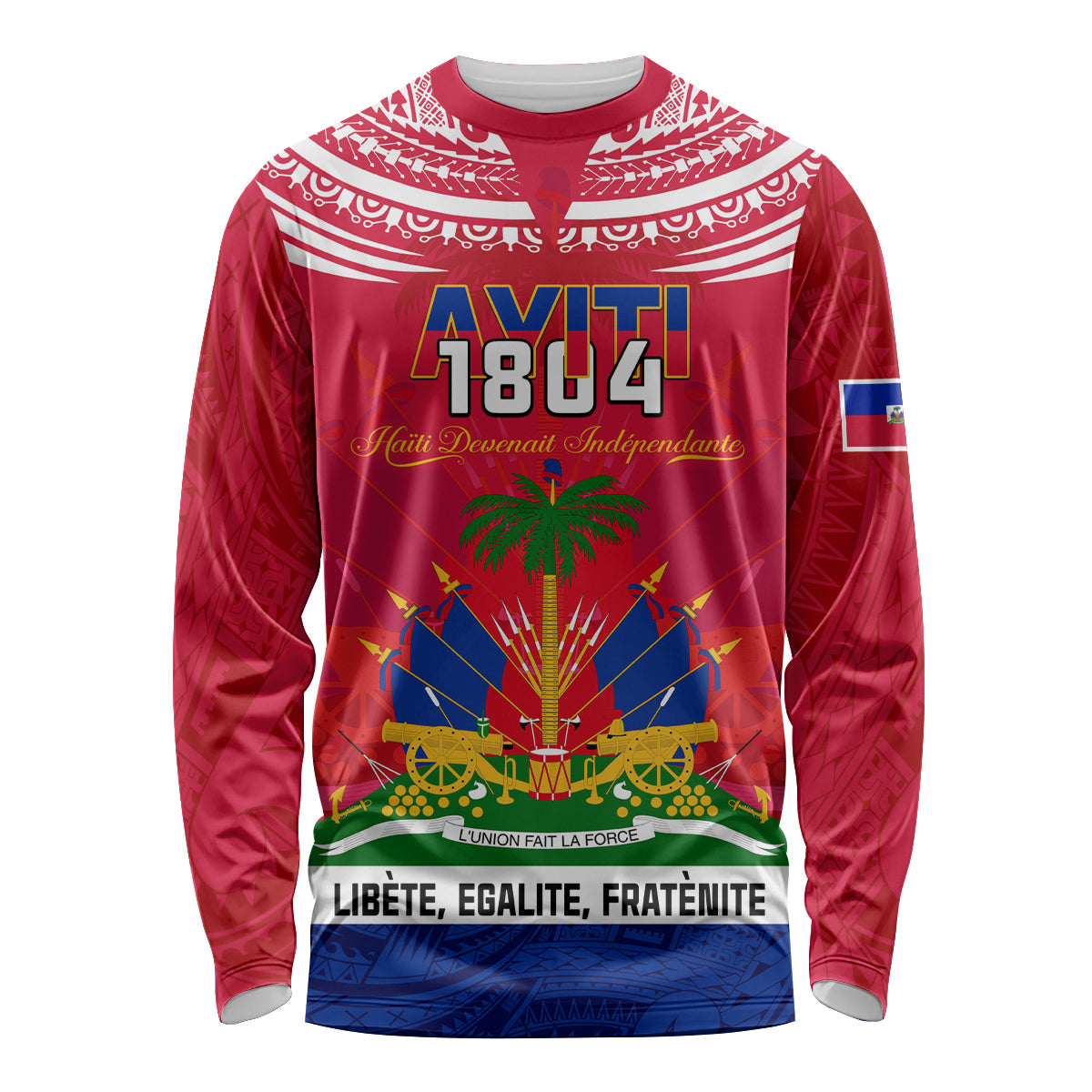 Red long-sleeve shirt with Haiti 1804 design and 'Libete, Egalite, Fratenite'