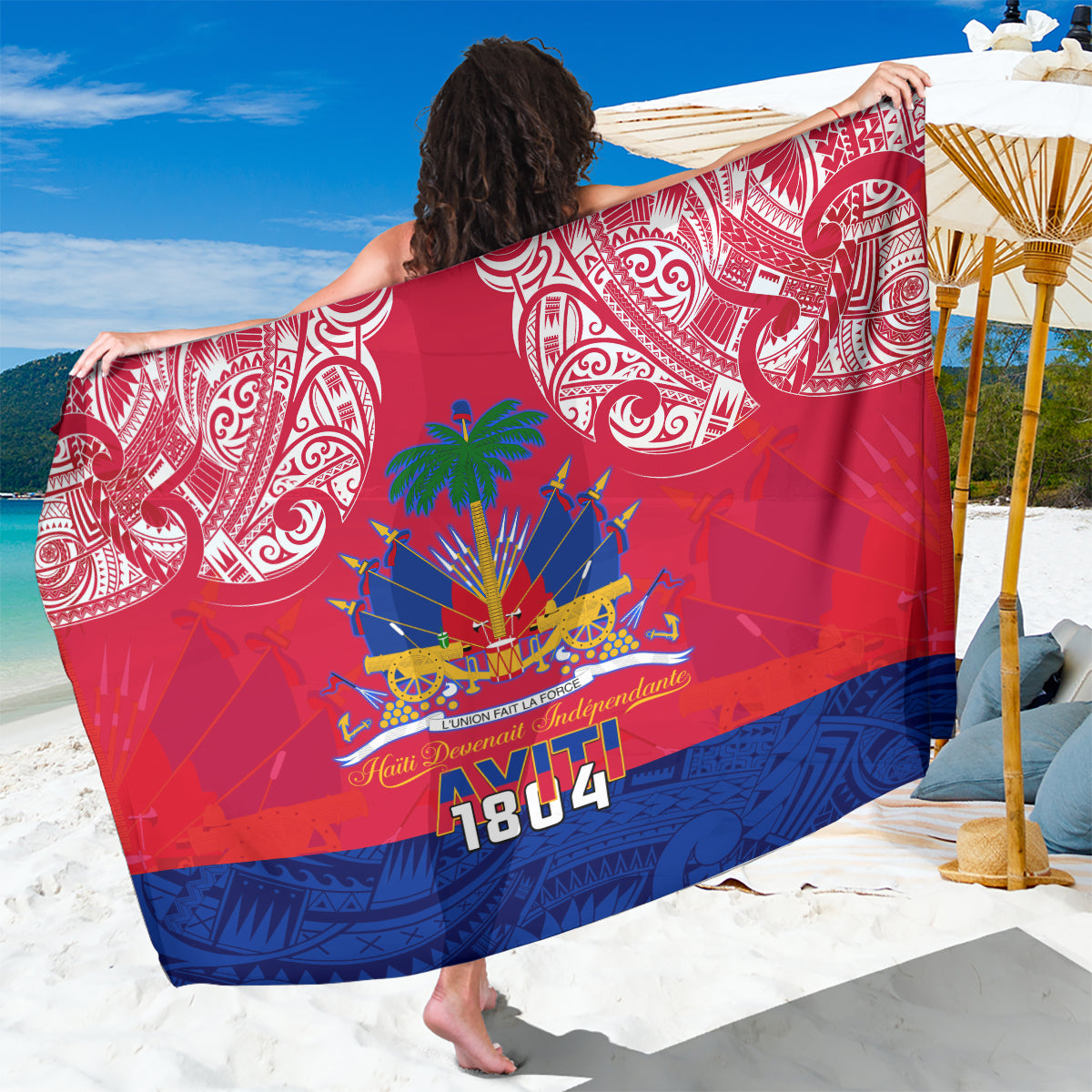 Red and blue sarong with white tribal swirls and 1804 emblem