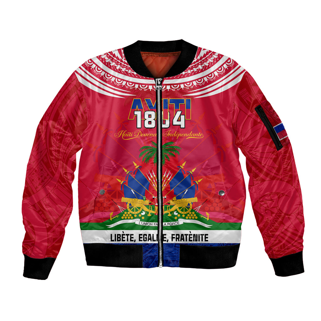 Haiti Independence Day Sleeve Zip Bomber Jacket Libete Egalite Fratenite Ayiti 1804 With Polynesian Pattern - Wonder Print Shop