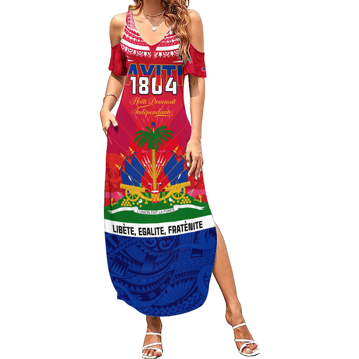 Haiti Independence Day Summer Maxi Dress Libete Egalite Fratenite Ayiti 1804 With Polynesian Pattern - Wonder Print Shop