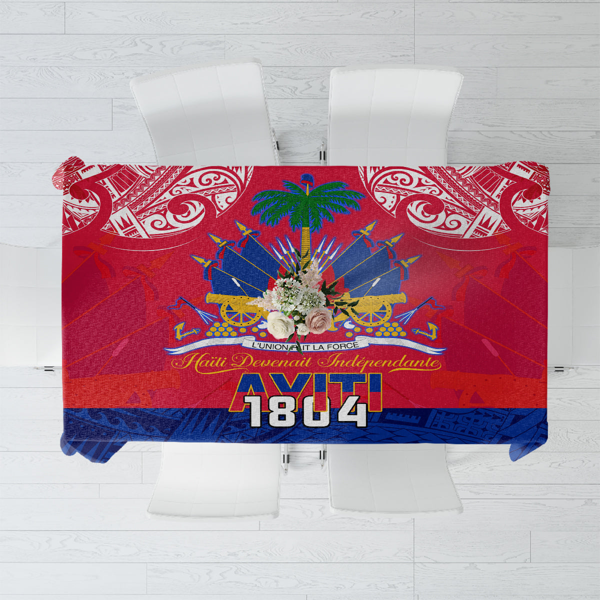Red and blue Polynesian patterned tablecloth with 1804 design, draped on table