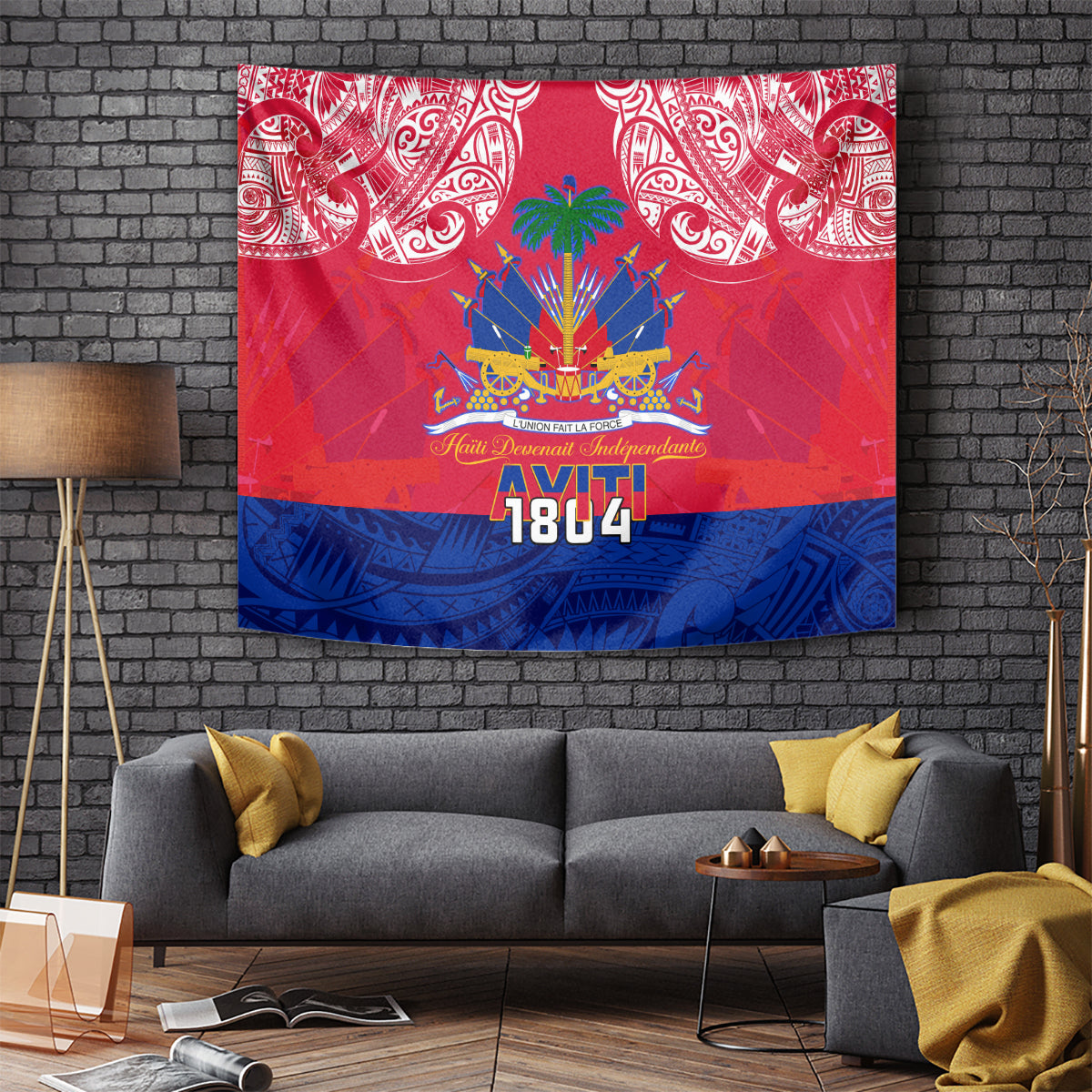 Red and blue Haiti 1804 tapestry with ornate swirl border and central coat-of-arms design