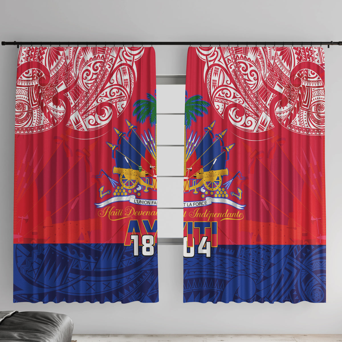 Red and blue Haiti-themed window curtains with white swirling tribal pattern, pair view