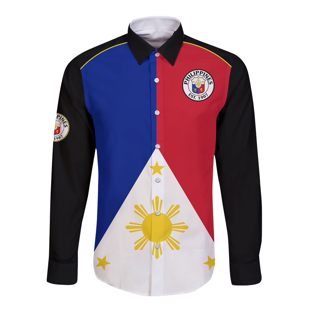 Long-sleeve button shirt, black sleeves, tri-color flag front with crest and stars