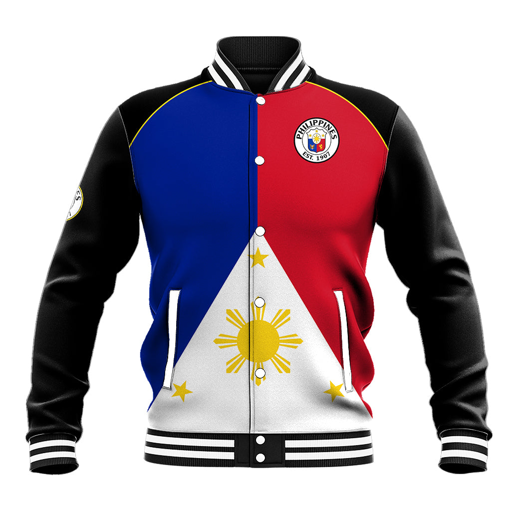 Unisex baseball jacket with black sleeves, red-blue front, striped ribbed collar and cuffs