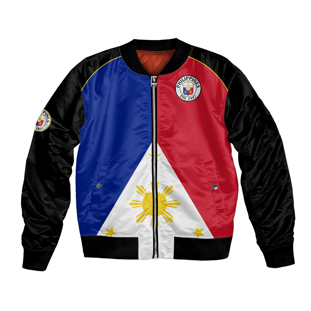 Unisex bomber jacket, Philippines flag front, black sleeves, zip-up, ribbed hem