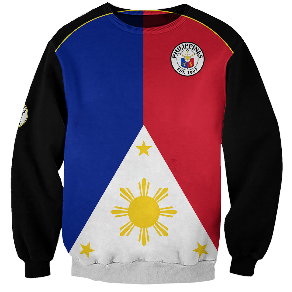 Sweatshirt with black sleeves; Philippines flag front print with crest, sun, stars.