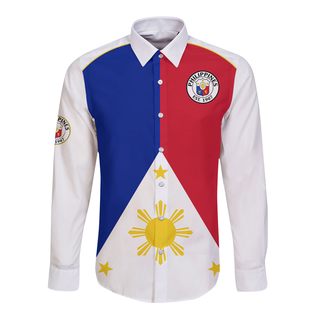 Long-sleeve football button shirt, blue-red flag graphic with crest on chest