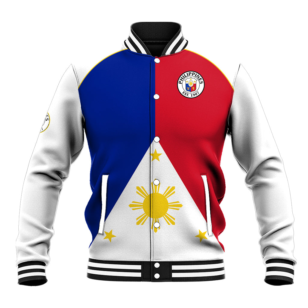 Baseball-style jacket with Philippines flag patch, blue/red/white panels, striped cuffs