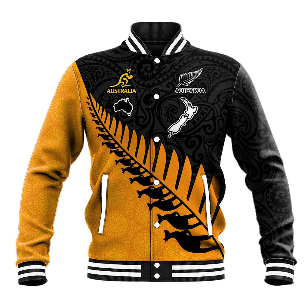 Gold-and-black baseball jacket with striped ribbed collar, button front, fern and kangaroo