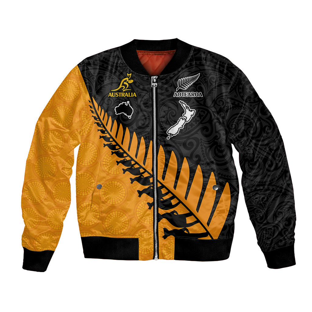 Australia Wallabies and Aotearoa Rugby Bomber Jacket Kangaroo Black Fern Maori Gold Vibe LT9 - Wonder Print Shop