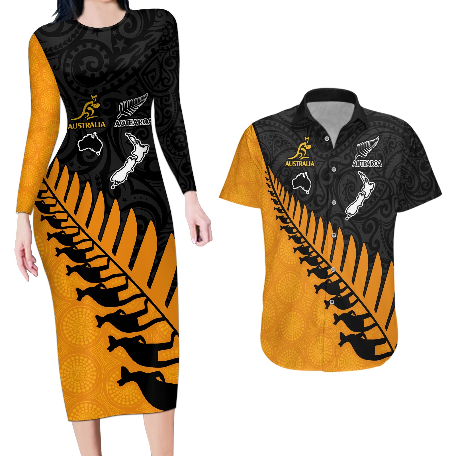 Australia Wallabies and Aotearoa Rugby Couples Matching Long Sleeve Bodycon Dress and Hawaiian Shirt Kangaroo Black Fern Maori Gold Vibe LT9 - Wonder Print Shop