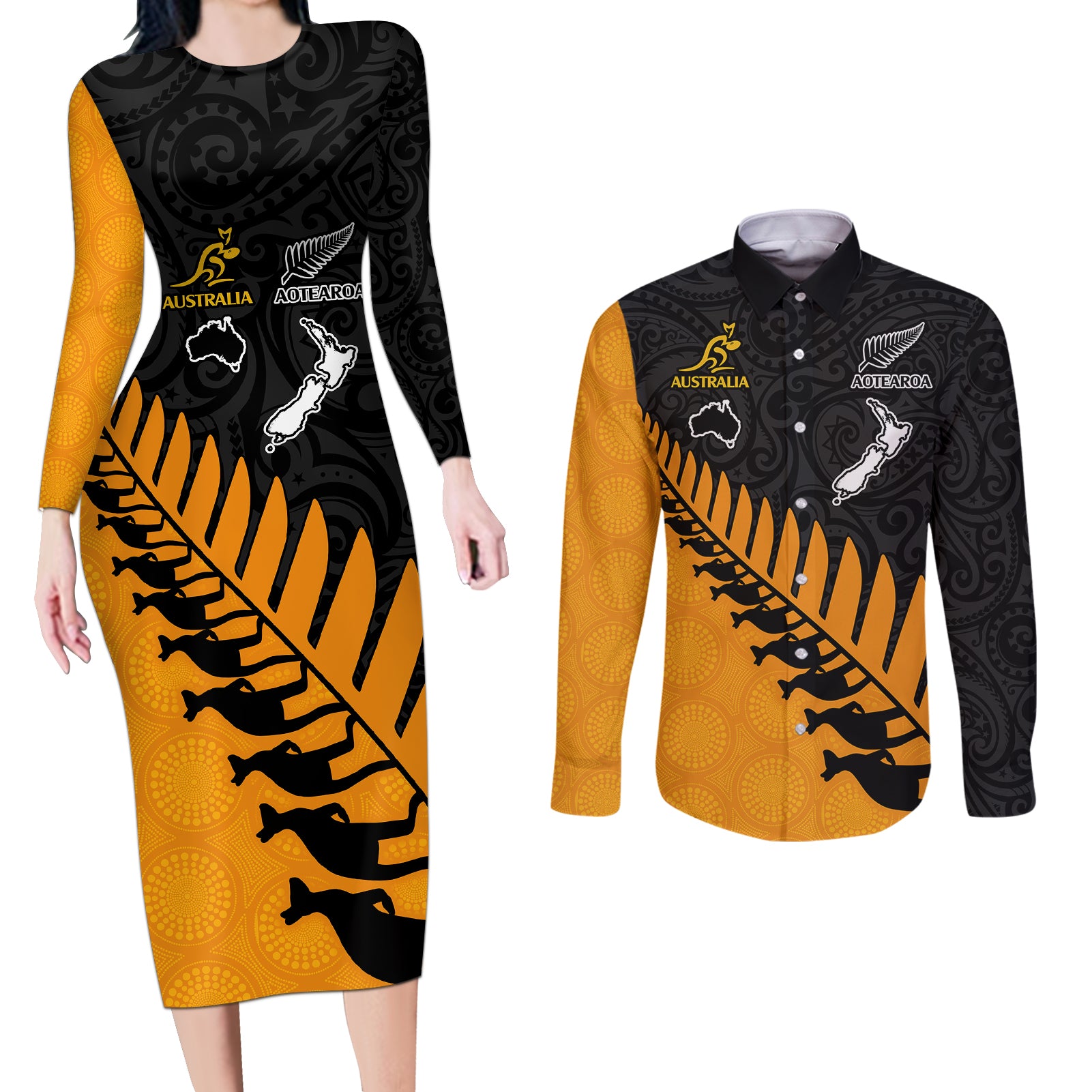 Australia Wallabies and Aotearoa Rugby Couples Matching Long Sleeve Bodycon Dress and Long Sleeve Button Shirts Kangaroo Black Fern Maori Gold Vibe LT9 - Wonder Print Shop